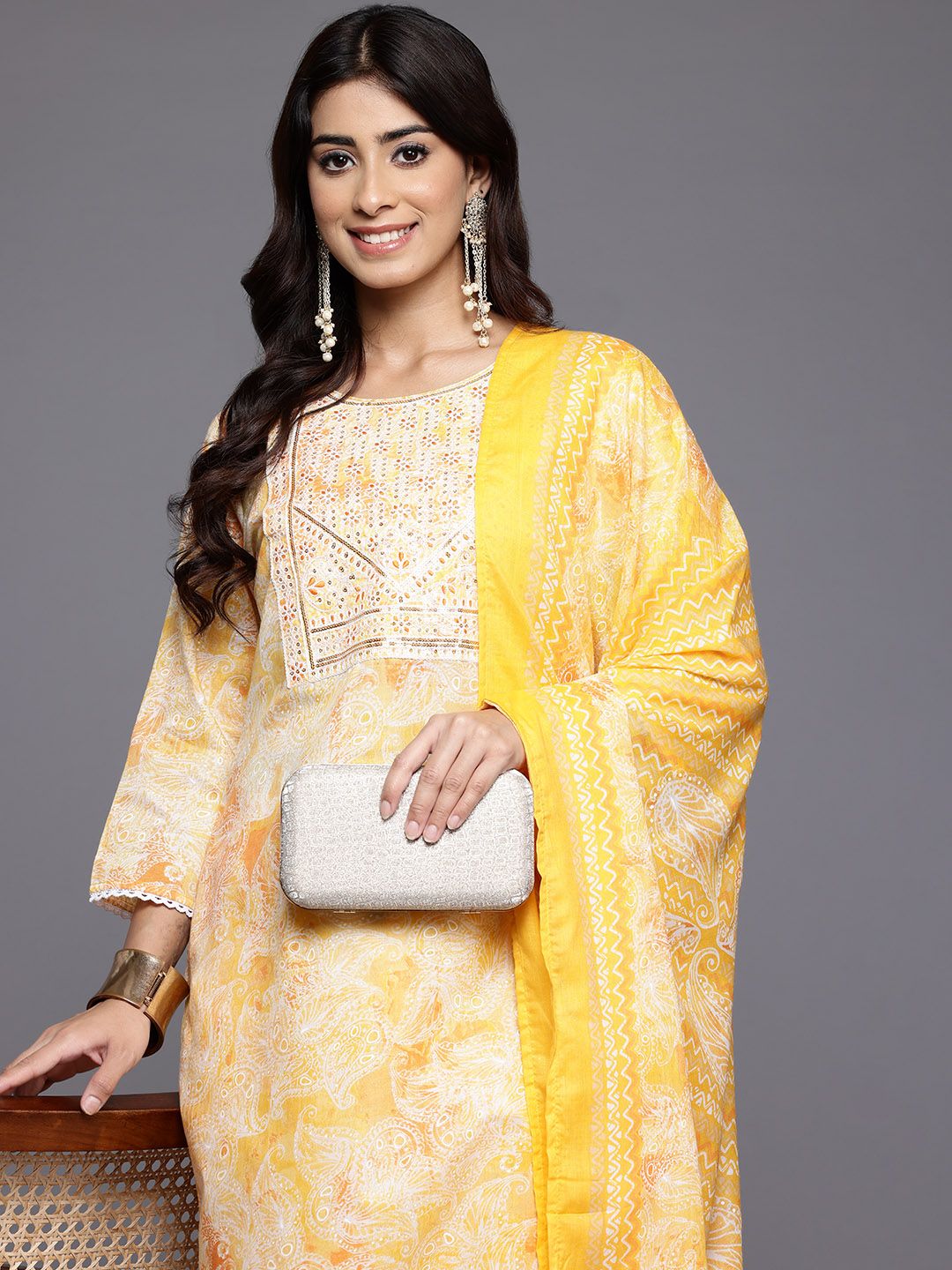Indyancart VA Women'sPaisley Printed Sequinned Kurta With Trousers & Dupatta