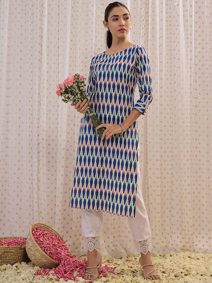 Dhiyona IE Geometric Printed Straight Pure Cotton Kurta