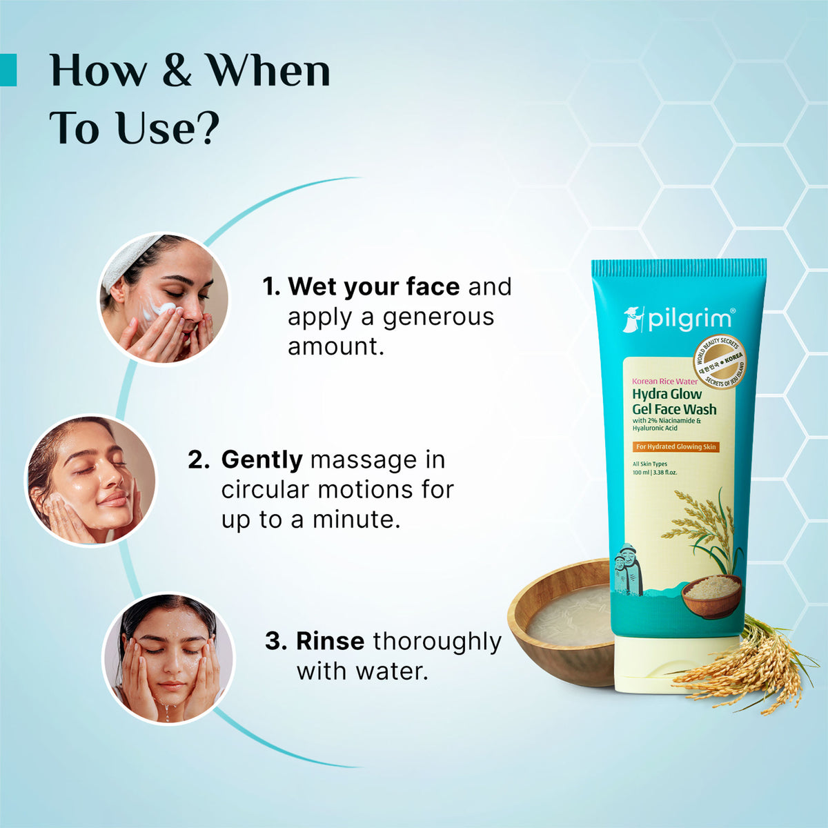 Pilgrim Korean Rice Water & 2% Niacinamide Hydra Glow Gel Face Wash Hydrated Glass Glowing Skin