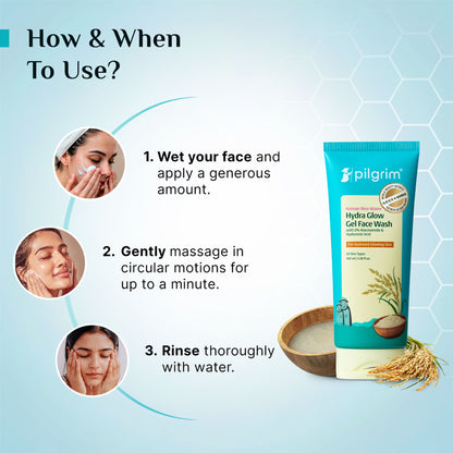 Pilgrim Korean Rice Water & 2% Niacinamide Hydra Glow Gel Face Wash Hydrated Glass Glowing Skin