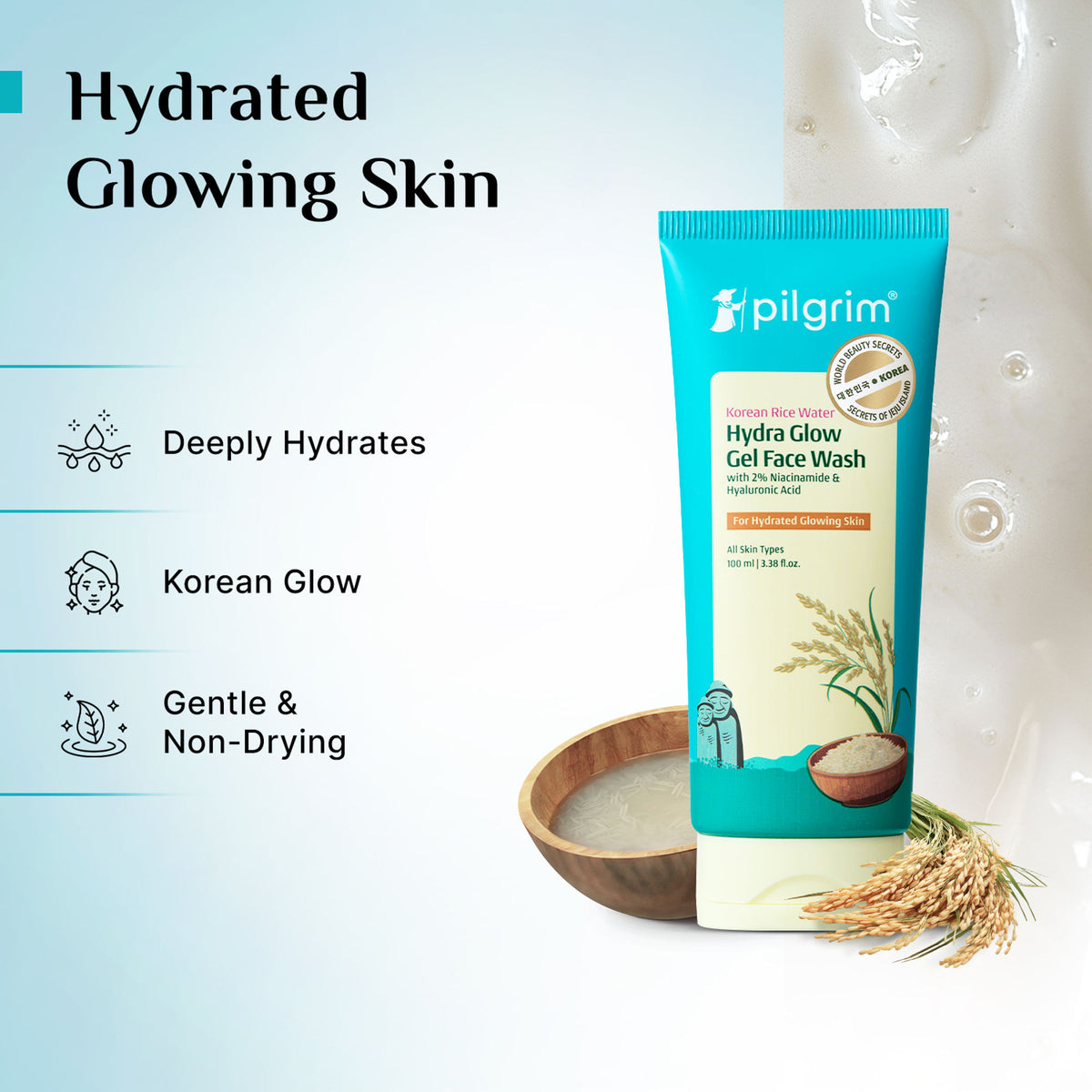 Pilgrim Korean Rice Water & 2% Niacinamide Hydra Glow Gel Face Wash Hydrated Glass Glowing Skin