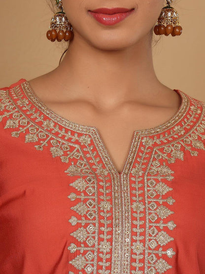Dhiyona VA Women'sRust Floral Embroidered Regular Sequinned Straight Kurta With Trouser With Dupatta