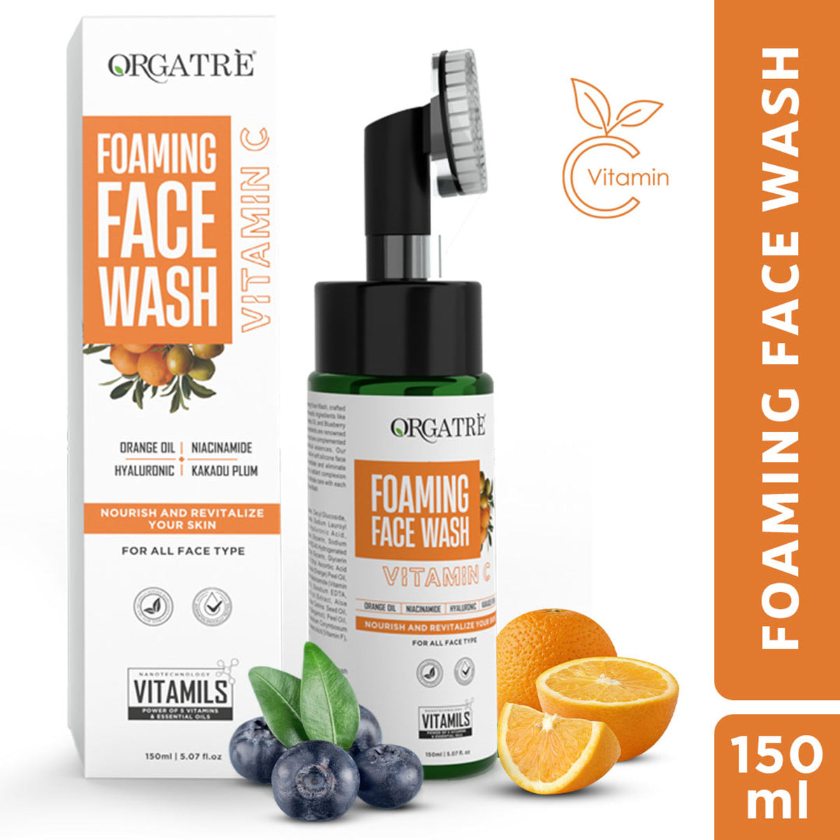 Orgatre Niacinamide & Vitamin C Foaming Face Wash With Built-In Silicon Brush For Acne-Prone Skin