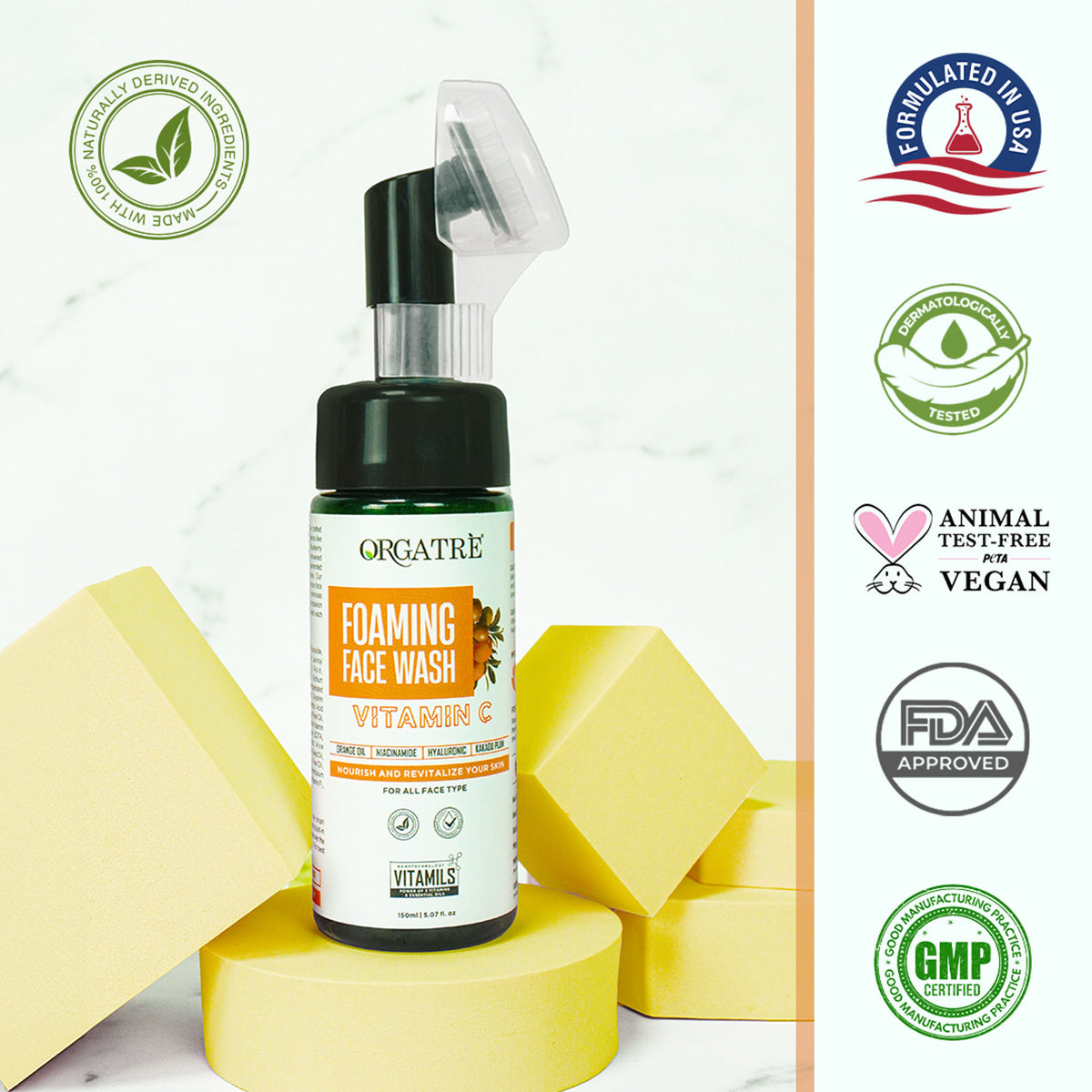 Orgatre Niacinamide & Vitamin C Foaming Face Wash With Built-In Silicon Brush For Acne-Prone Skin