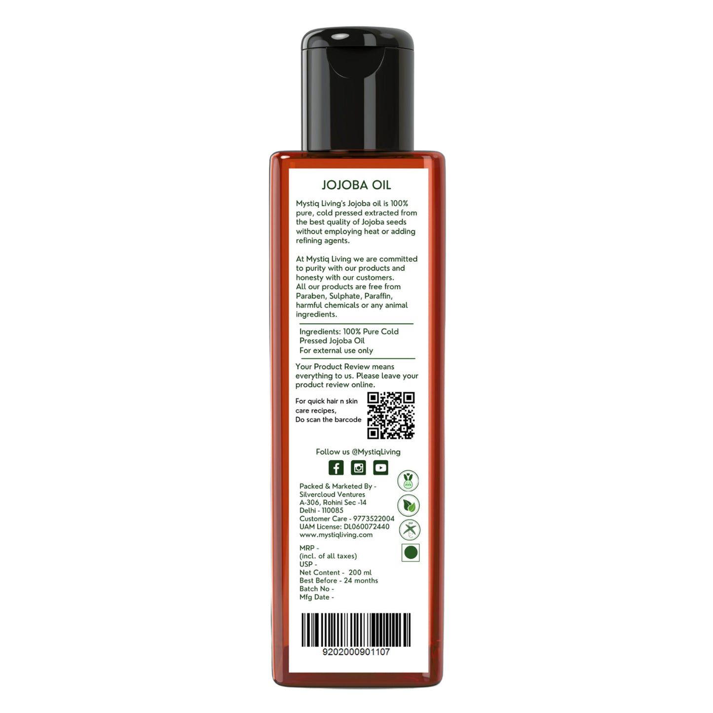 Mystiq Living Jojoba Oil for Hair, Face, Skin & Body, Cold Pressed and Organic