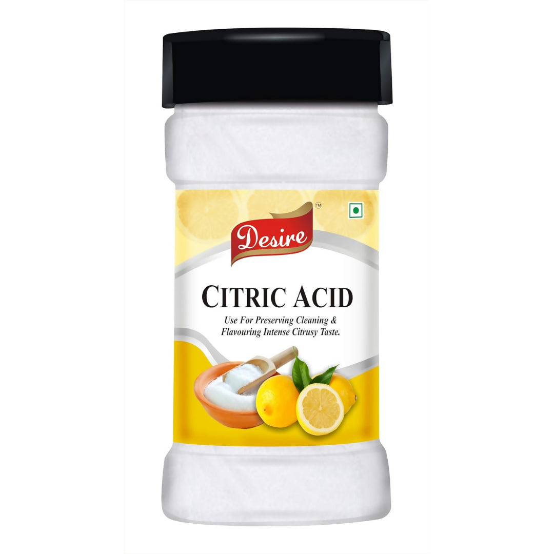 Desire Citric Acid Crystals for baking supplies, showing a close-up of white crystalline powder in a clear jar.