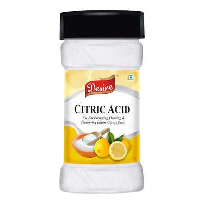 Desire Citric Acid Crystals for baking supplies, showing a close-up of white crystalline powder in a clear jar.
