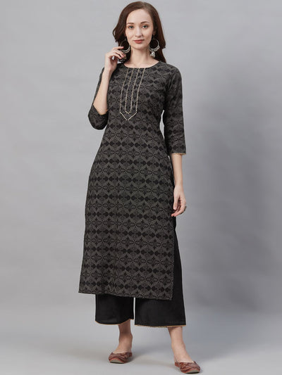 Dhiyona IE Women Black & Grey Printed Kurta with Palazzos
