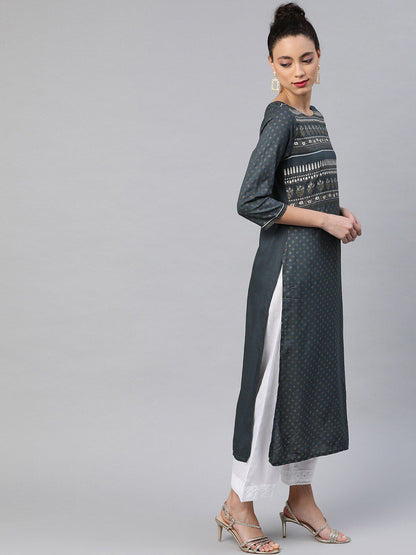 Dhiyona IE Grey Ethnic Motif Printed Three Quarter Sleeve Straight Kurta
