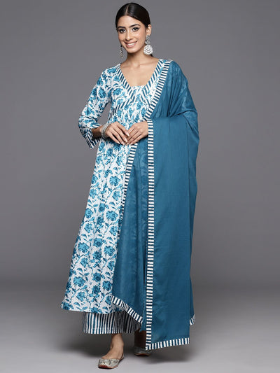 Indyancart VA Women'sPrinted Regular Kantha Work Pure Cotton Kurta with Palazzos & Dupatta