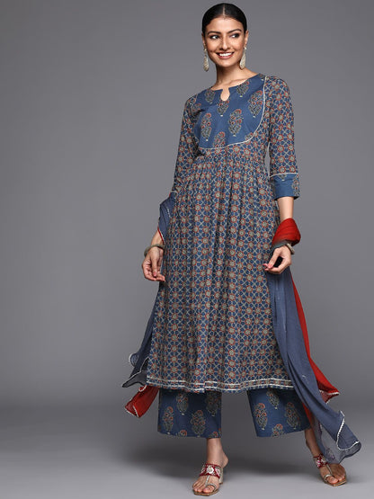 Indyancart VA Women's Blue Ethnic Motifs Printed Pure Cotton Kurta with Trousers & Dupatta