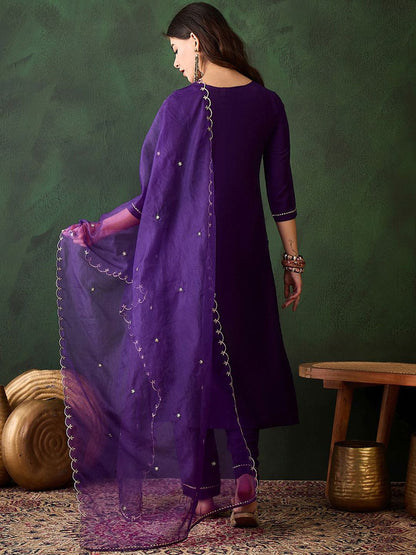 Dhiyona SN Women's Floral Embroidered Three-Quarter Sleeves Straight Kurta & Trouser & Dupatta