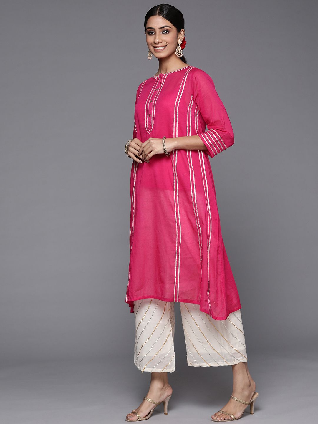 Indyancart VA Women's Pink Yoke Design Pleated Gotta Patti Cotton Kurta with Palazzos & Dupatta