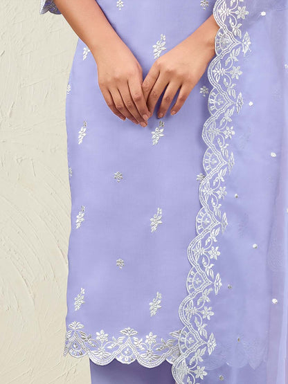 Indyancart IE Lavender Floral Embroidered Round Neck Thread Work Kurta with Trousers & Dupatta
