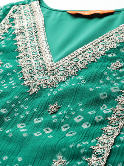 Indyancart IE Bandhani Printed Zari Panelled Kurta With Trousers & Dupatta
