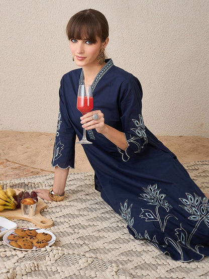 Indyancart IE Embroidered Three-Quarter Sleeves Pure Cotton Tunic With Trouser