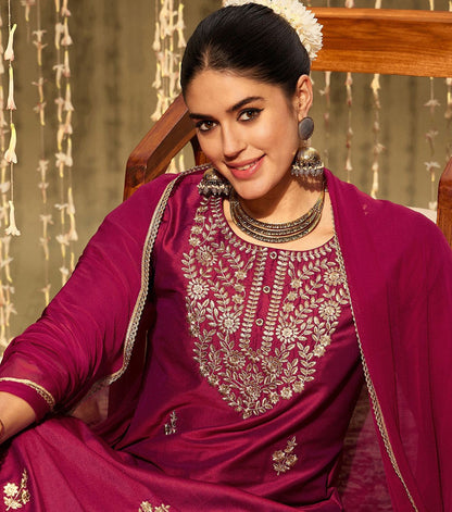 Indyancart IE Magenta Ethnic Motifs Embroidered Straight Kurta & Trouser With Dupatta