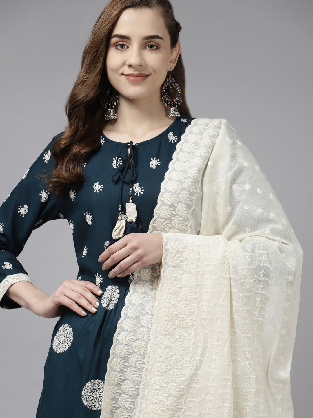 Dhiyona IE Women Teal Ethnic Motifs Embroidered Pleated Kurta Set With Dupatta