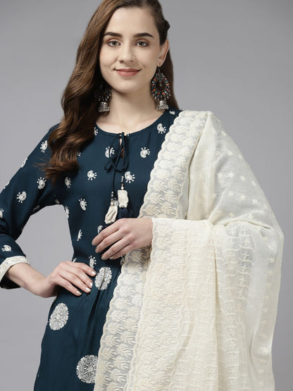Dhiyona IE Women Teal Ethnic Motifs Embroidered Pleated Kurta Set With Dupatta