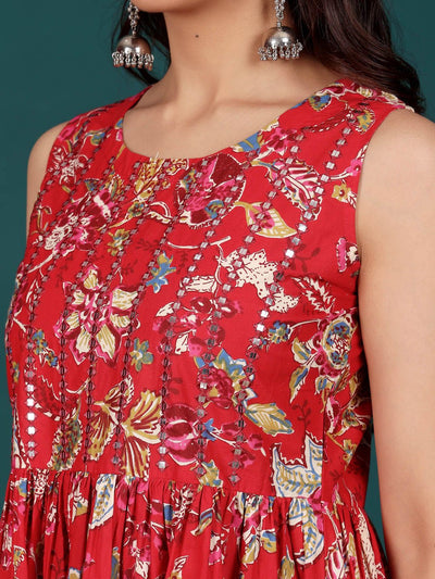 Indyancart VA Women's Floral Embroidered Regular Thread Work Pure Cotton Kurti with Sharara