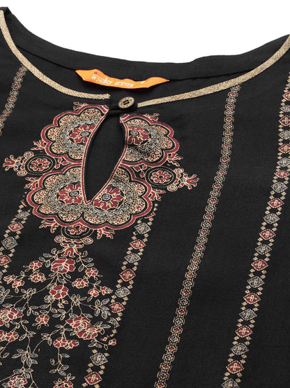 Indyancart IE Women Black & Gold-Toned Ethnic Motifs Foil Print Keyhole Neck Straight Kurta