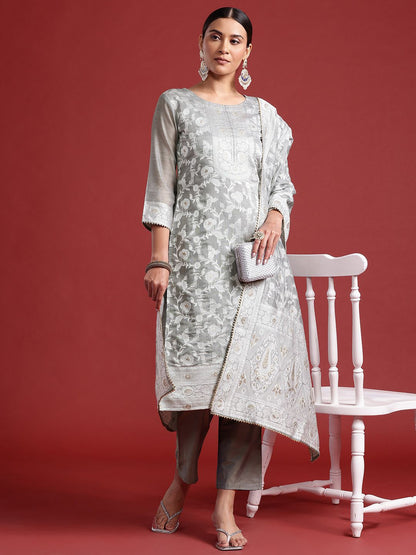 Dhiyona IE Floral Jacquard Chanderi Cotton Kurta With Trousers & Dupatta