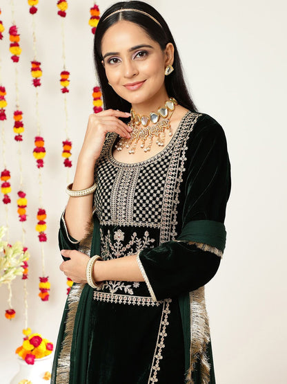 Indyancart VA Green Ethnic Motifs Embroidered Velvet Straight Kurta & Palazzos With Dupatta