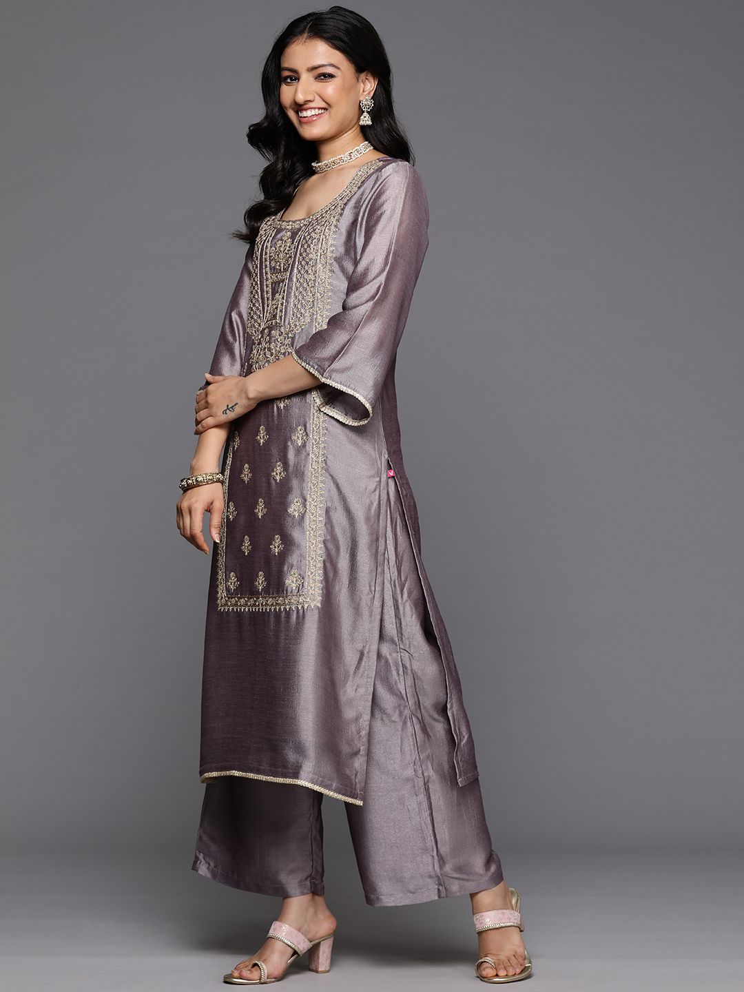 Indyancart VA Ethnic Motifs Embroidered Zari Kurta With Palazzos & Dupatta