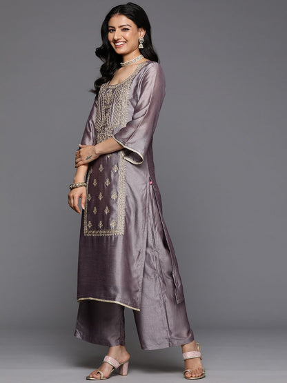 Indyancart VA Ethnic Motifs Embroidered Zari Kurta With Palazzos & Dupatta