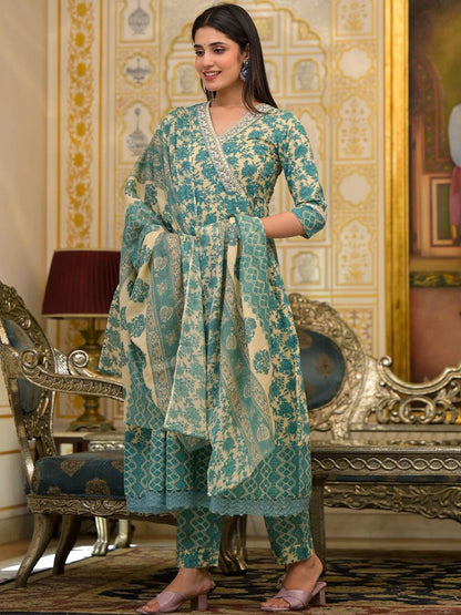 Indyancart VA Women'sEthnic Motifs Printed Mirror Work Pure Cotton Kurta with Trousers & Dupatta