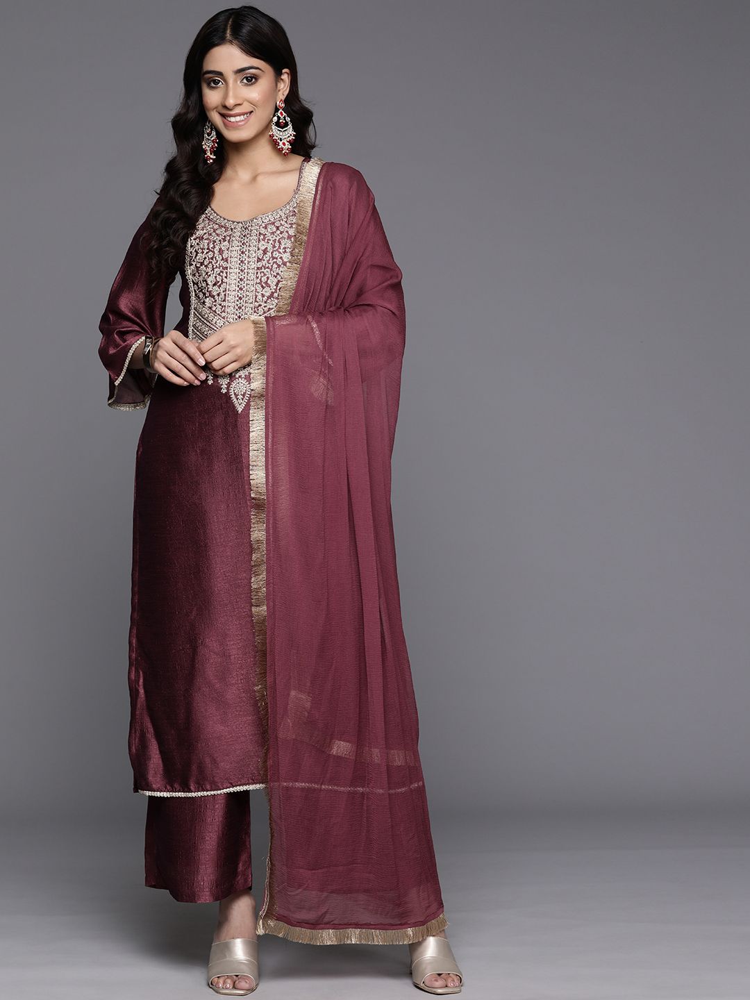 Indyancart VA Ethnic Motifs Embroidered Zari Kurta with Palazzos & Dupatta