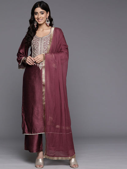 Indyancart VA Ethnic Motifs Embroidered Zari Kurta with Palazzos & Dupatta