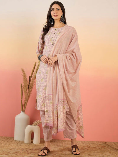 Indyancart SN Women's Ethnic Motifs Printed Pure Cotton Kurta with Trousers & Dupatta