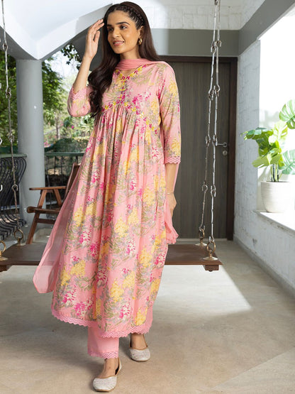 Dhiyona SN Women's Floral Printed Thread Work Pure Cotton A-Line Kurta With Trouser & Dupatta