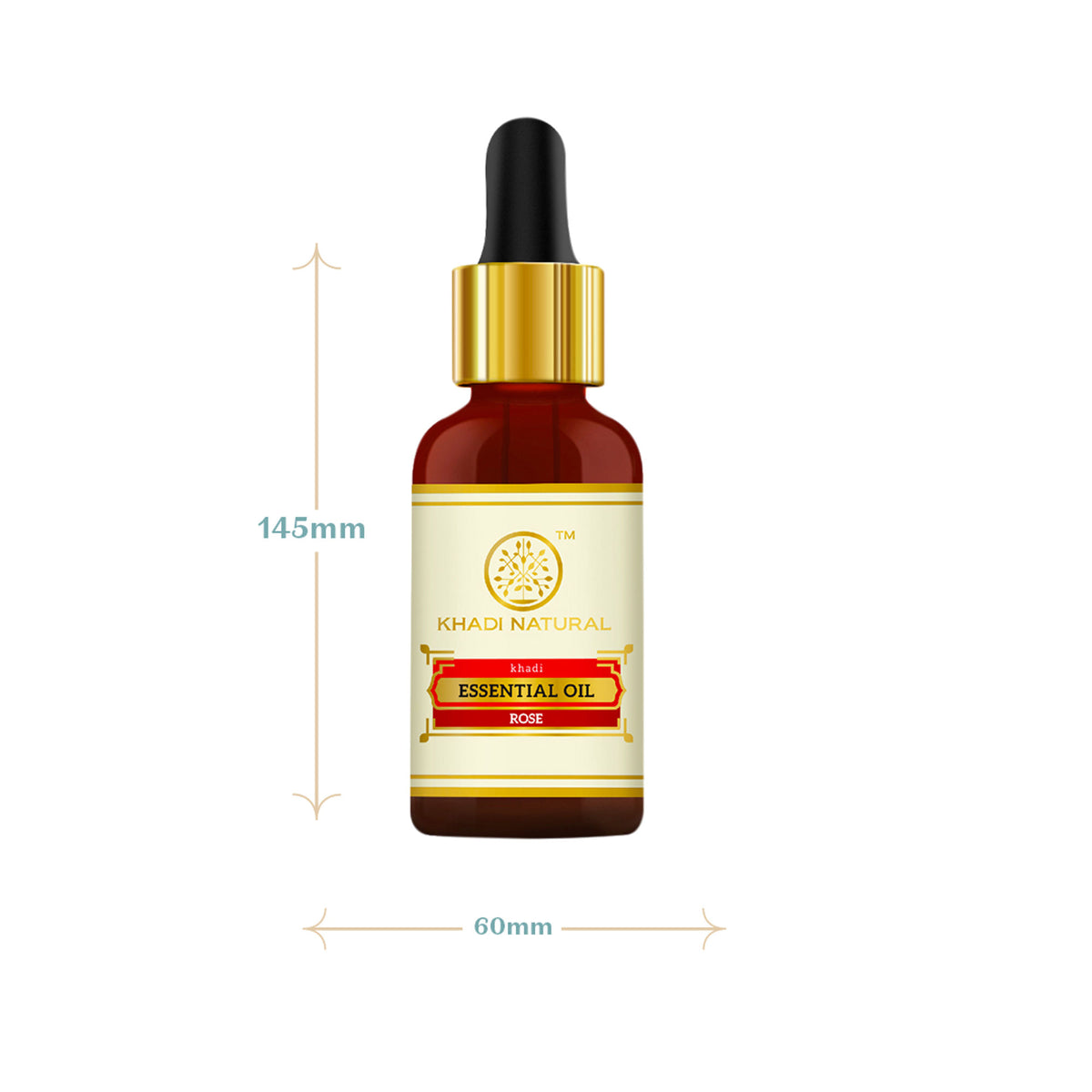 Khadi Natural Rose Essential Oil bottle with dropper, showcasing the natural product for calming and balancing skin or aromatherapy.