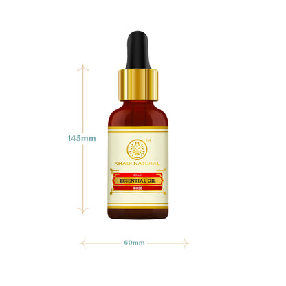 Khadi Natural Rose Essential Oil bottle with dropper, showcasing the natural product for calming and balancing skin or aromatherapy.