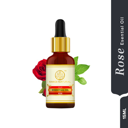 Khadi Natural Rose Essential Oil bottle with roses and natural ingredients, showcasing the calming and balancing skincare product.