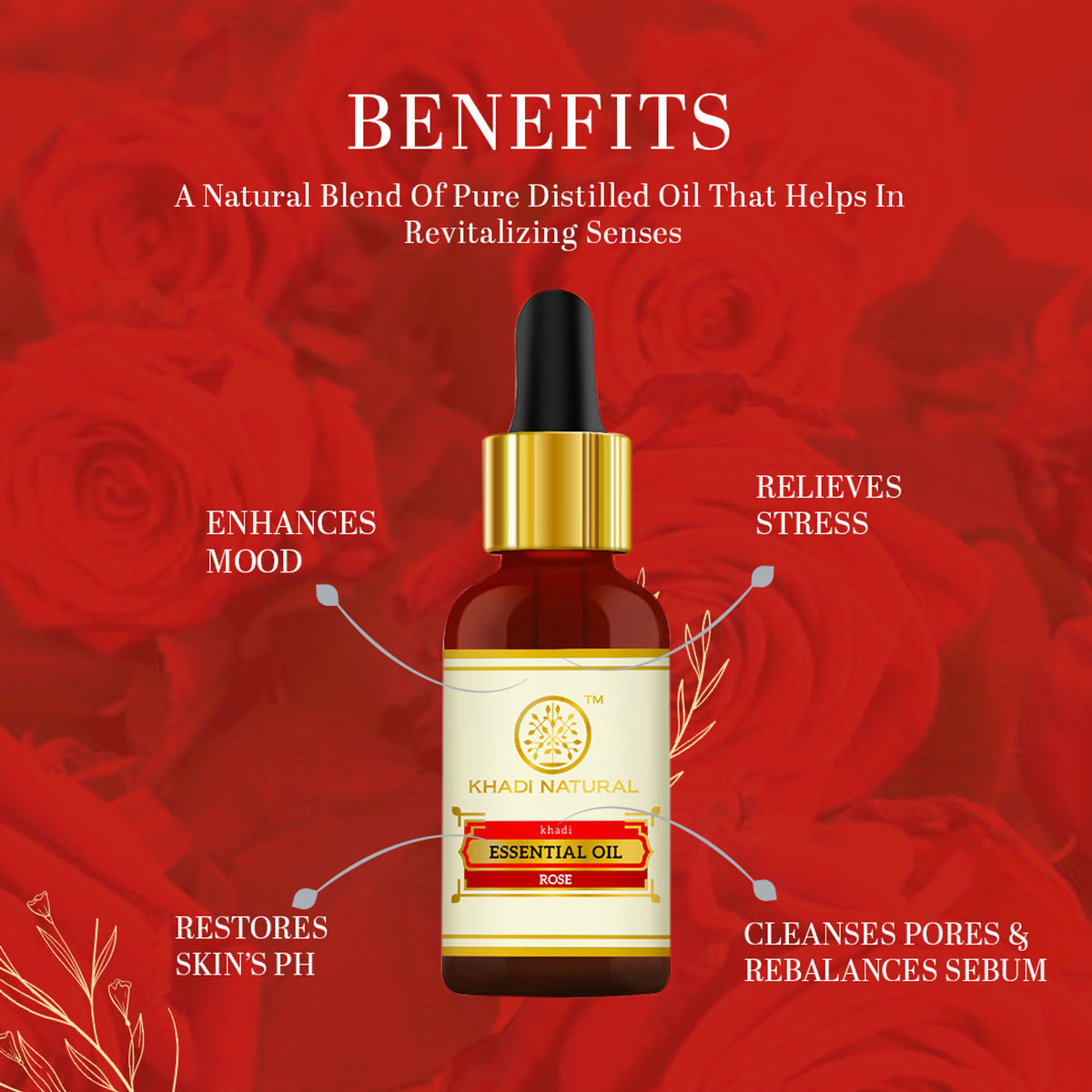 Khadi Natural Rose Essential Oil bottle with rose petals, showcasing natural skincare product for calming and balancing benefits.