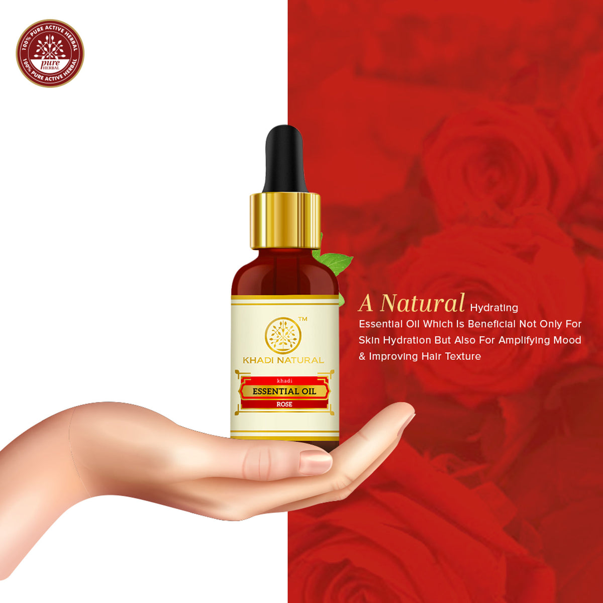 Khadi Natural Rose Essential Oil bottle with rose flowers, highlighting calming and balancing skincare benefits.