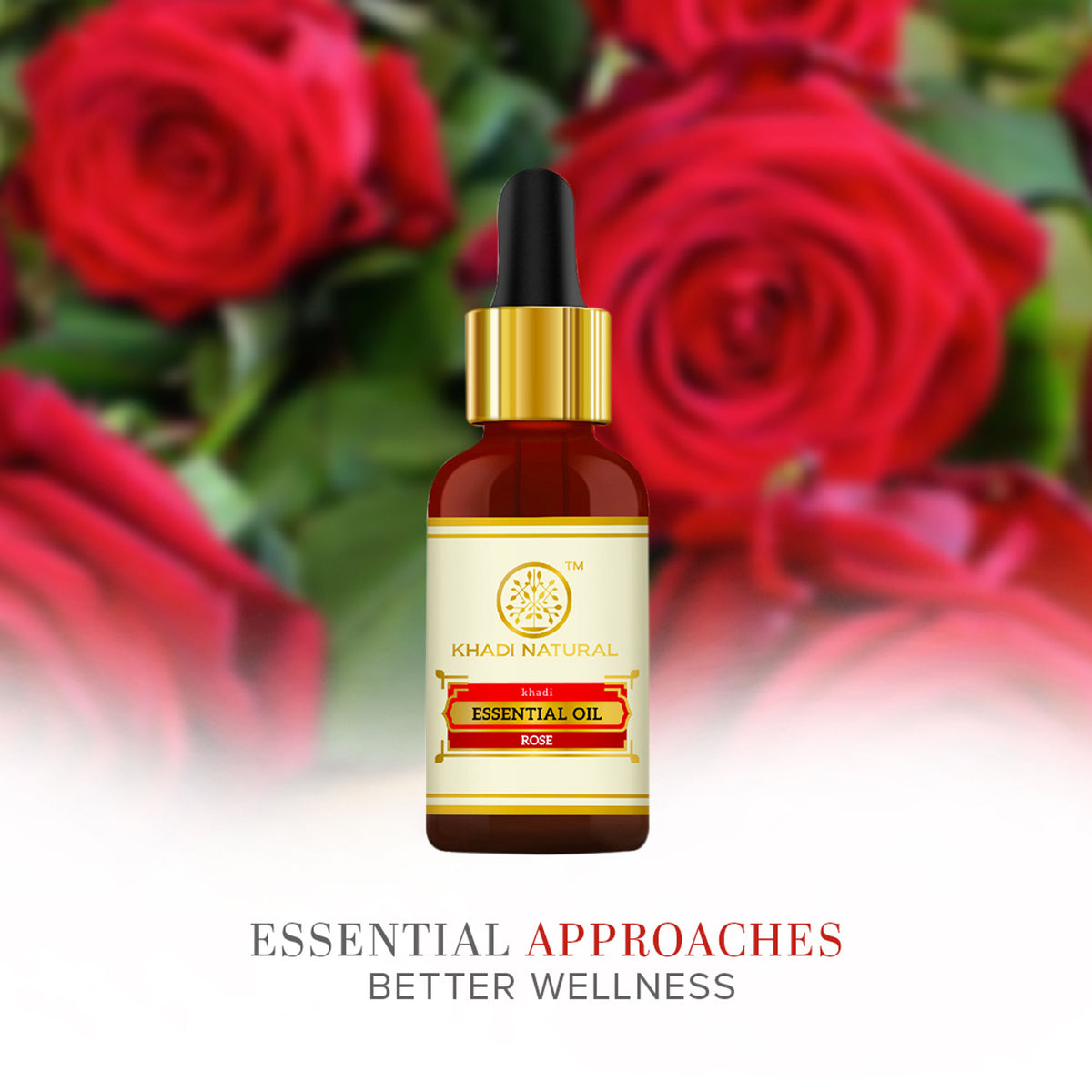 Khadi Natural Rose Essential Oil bottle, showcasing the product used for restoring balance and calming vibes.
