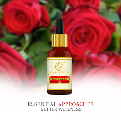 Khadi Natural Rose Essential Oil bottle, showcasing the product used for restoring balance and calming vibes.