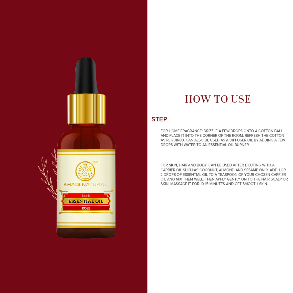 Khadi Natural Rose Essential Oil bottle with rose petals, showcasing natural skincare product for balance and calming benefits.