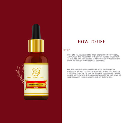 Khadi Natural Rose Essential Oil bottle with rose petals, showcasing natural skincare product for balance and calming benefits.