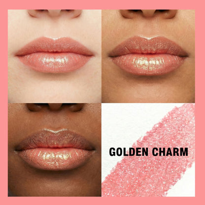 LOVETC Love Bites Longwear Lip Colour in Golden Charm, featuring a sleek lipstick tube and a swatch of the golden shade.