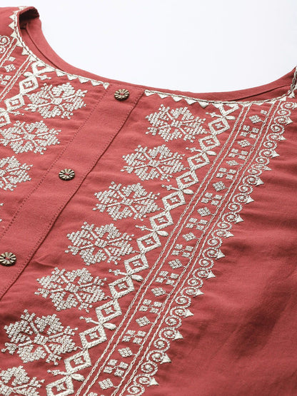 Indyancart VA Women'sEthnic Motifs Embroidered Thread Work Kurta With Trousers & With Dupatta