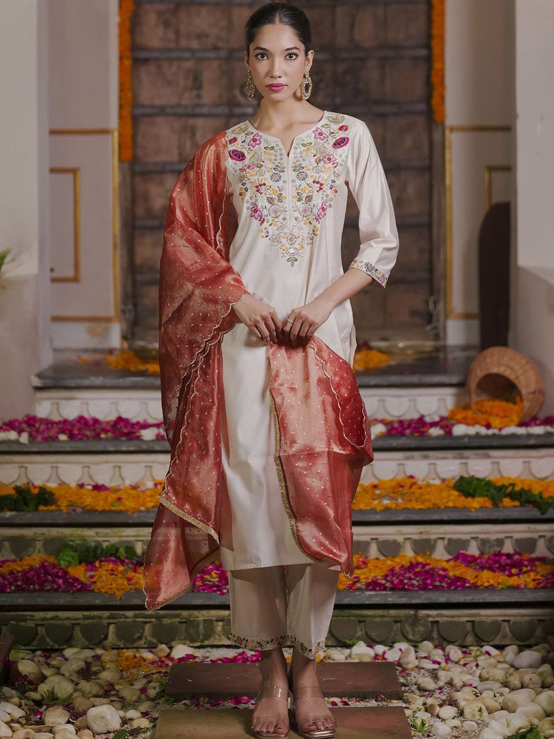 Indyancart IE Floral Embroidered Thread Work Liva Kurta With Trousers & Dupatta