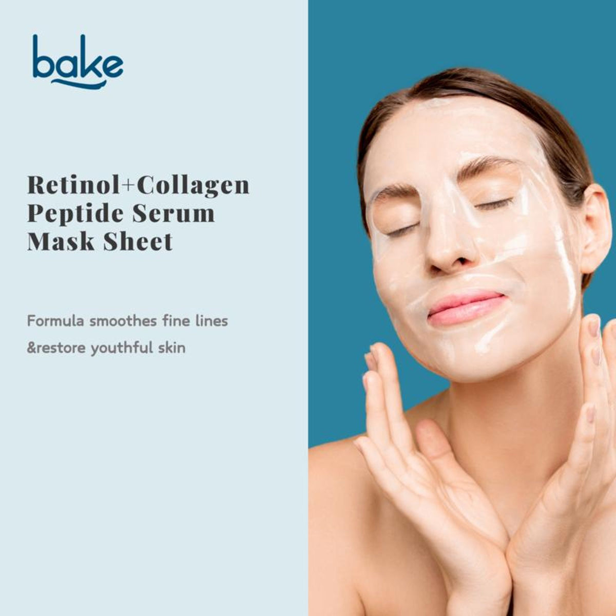BAKE Retinol and Collagen Peptide Sheet Mask for anti-aging, skin tightening, and wrinkle reduction, shown on a skincare display.