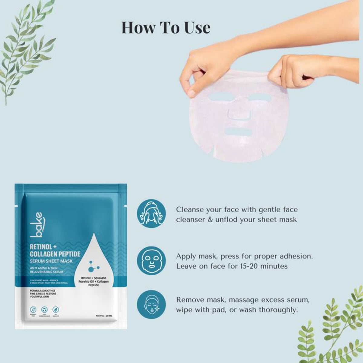 BAKE Retinol and Collagen Peptide Sheet Mask for anti-aging, skin tightening, and wrinkle reduction, shown on a skincare model.