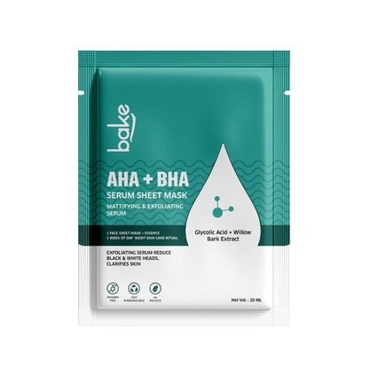 BAKE Bake Aha + Bha Serum Sheet Mask showing the mask with serum, designed for pigmentation, pimples, and glowing skin.