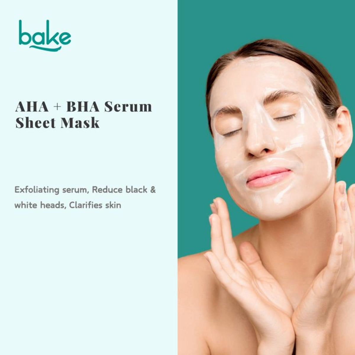 BAKE Bake Aha + Bha Serum Sheet Mask for pigmentation, pimples, and glowing skin, showing the sheet mask with serum in the image.